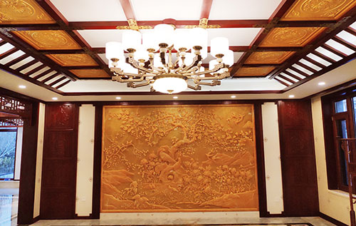 海北中式别墅客厅中式木作横梁吊顶装饰展示